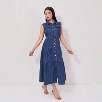 Дънена рокля без ръкави, дълга, с яка поло, еластична талия, едноцветен дизайн, памук 81–90% + полиестер 10–29%