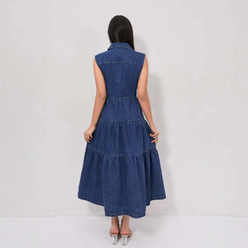 Rochie din denim fără mâneci, lungă, guler polo, talie elastică, model monocrom, bumbac 81–90% + poliester 10–29%