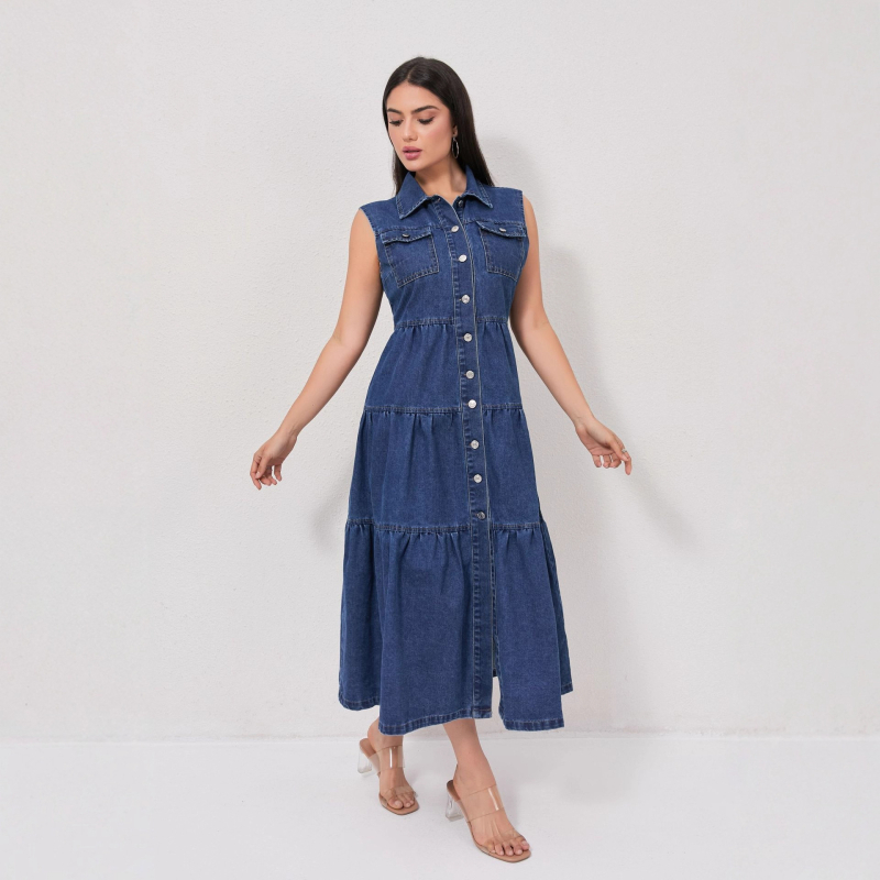 Rochie din denim fără mâneci, lungă, guler polo, talie elastică, model monocrom, bumbac 81–90% + poliester 10–29%