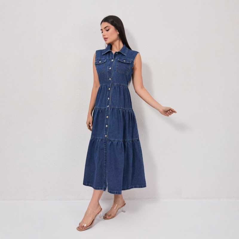 Rochie din denim fără mâneci, lungă, guler polo, talie elastică, model monocrom, bumbac 81–90% + poliester 10–29%