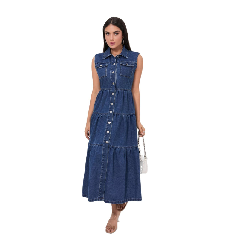 Rochie din denim fără mâneci, lungă, guler polo, talie elastică, model monocrom, bumbac 81–90% + poliester 10–29%