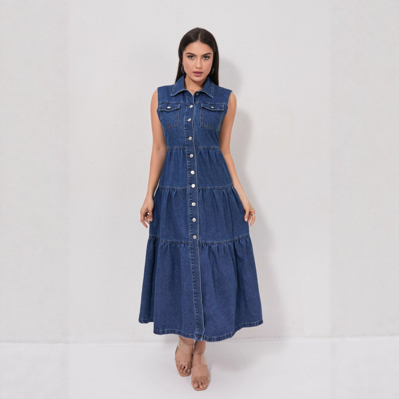 Rochie din denim fără mâneci, lungă, guler polo, talie elastică, model monocrom, bumbac 81–90% + poliester 10–29%