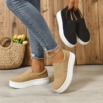 Pantofi dama casual, stil european-american, partea superioară din textile, talpă din cauciuc, vârf rotund, slip-on, toc mediu 3–5 cm