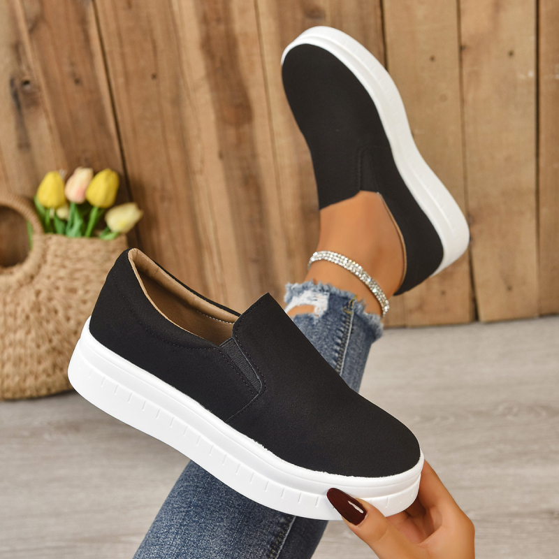 Pantofi dama casual, stil european-american, partea superioară din textile, talpă din cauciuc, vârf rotund, slip-on, toc mediu 3–5 cm