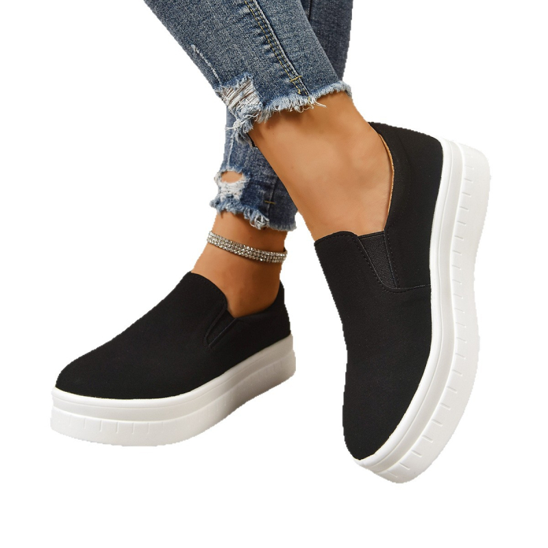 Pantofi dama casual, stil european-american, partea superioară din textile, talpă din cauciuc, vârf rotund, slip-on, toc mediu 3–5 cm