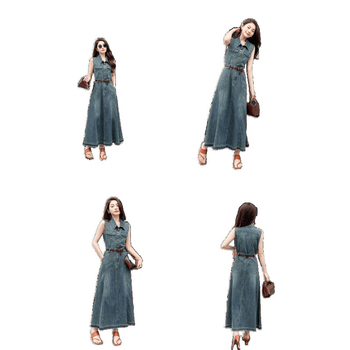 Τζιν φόρεμα σε γραμμή Α, μακρύ, με γιακά τύπου πόλο και μπροστινό κούμπωμα με κορδόνια