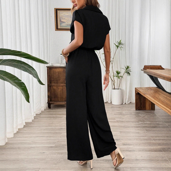 Γυναικείος jumpsuit με μανίκια 3/4, μεσαίας μέσης, ίσιο μακρύ παντελόνι, πολυεστέρας, καλοκαιρινή συλλογή 2025