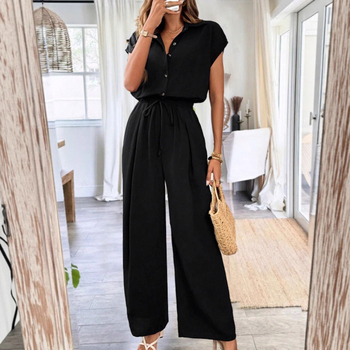 Γυναικείος jumpsuit με μανίκια 3/4, μεσαίας μέσης, ίσιο μακρύ παντελόνι, πολυεστέρας, καλοκαιρινή συλλογή 2025