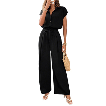 Γυναικείος jumpsuit με μανίκια 3/4, μεσαίας μέσης, ίσιο μακρύ παντελόνι, πολυεστέρας, καλοκαιρινή συλλογή 2025