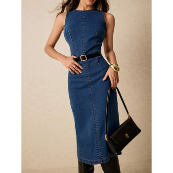 Дълга дънкова пола - тясна кройка, подплатена полиестерова смес, четири сезона