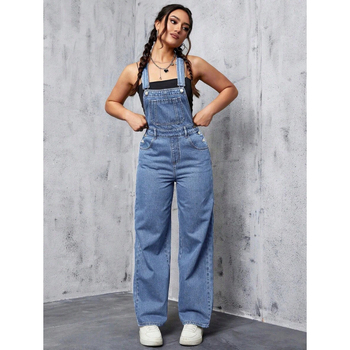 Дънкова гащеризон за жени, свободен силует, джобове, регулируемо затваряне с връзки, подплатен флис, дълги панталони, синтетична смес