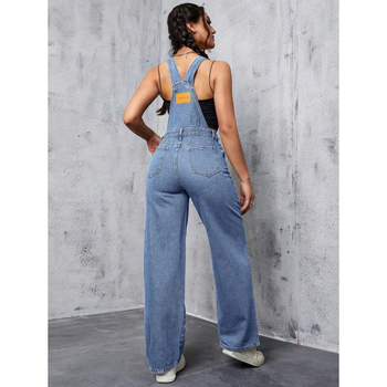 Дънкова гащеризон за жени, свободен силует, джобове, регулируемо затваряне с връзки, подплатен флис, дълги панталони, синтетична смес