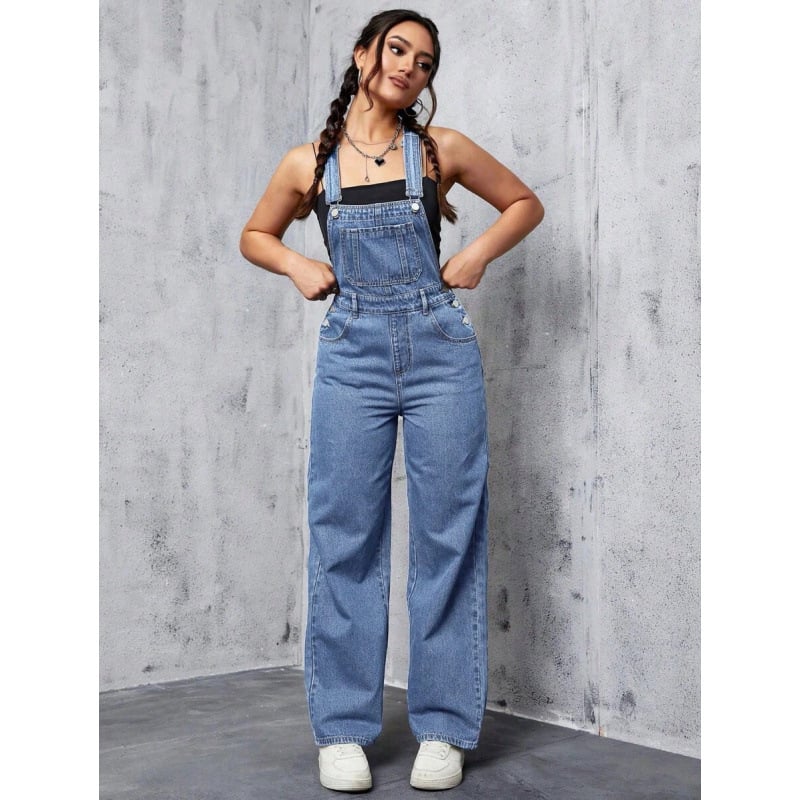 Дънкова гащеризон за жени, свободен силует, джобове, регулируемо затваряне с връзки, подплатен флис, дълги панталони, синтетична смес