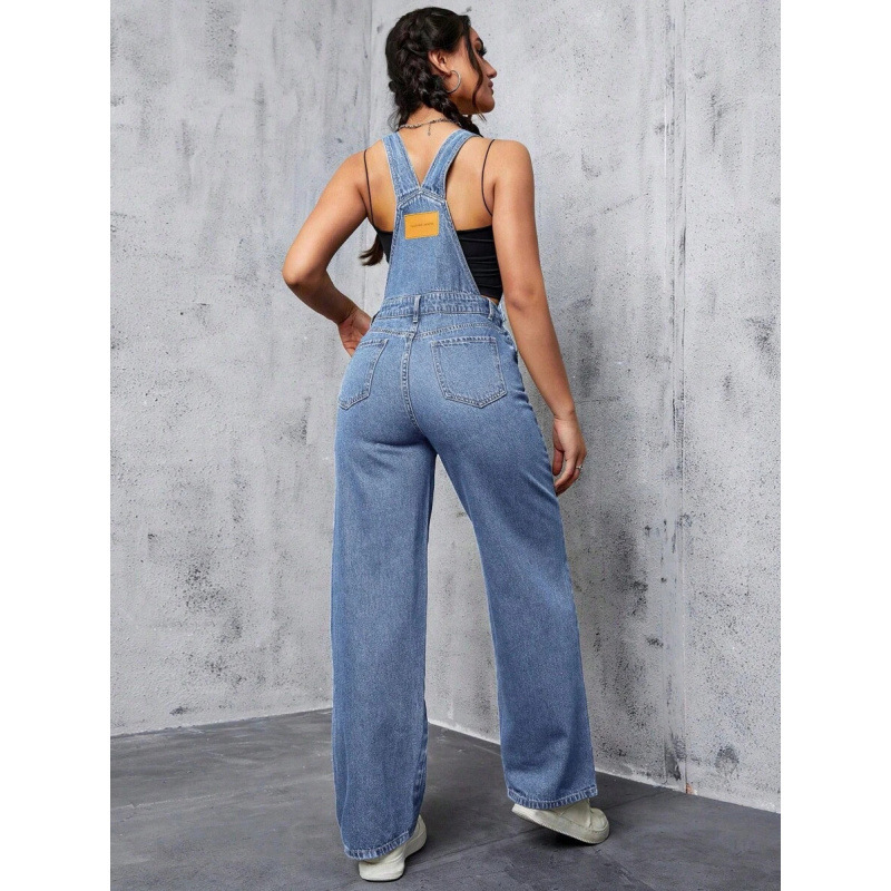 Дънкова гащеризон за жени, свободен силует, джобове, регулируемо затваряне с връзки, подплатен флис, дълги панталони, синтетична смес