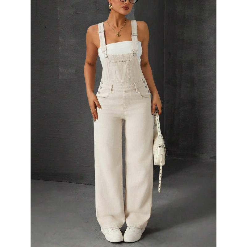 Дънкова гащеризон за жени, свободен силует, джобове, регулируемо затваряне с връзки, подплатен флис, дълги панталони, синтетична смес