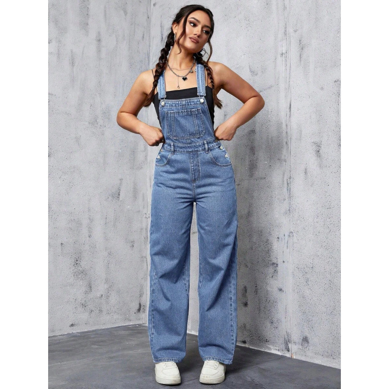 Дънкова гащеризон за жени, свободен силует, джобове, регулируемо затваряне с връзки, подплатен флис, дълги панталони, синтетична смес