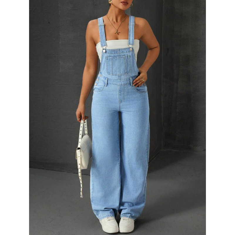 Дънкова гащеризон за жени, свободен силует, джобове, регулируемо затваряне с връзки, подплатен флис, дълги панталони, синтетична смес