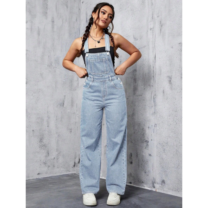 Дънкова гащеризон за жени, свободен силует, джобове, регулируемо затваряне с връзки, подплатен флис, дълги панталони, синтетична смес