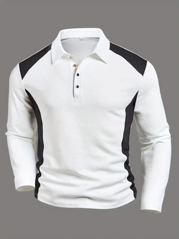 Vyriski ilgomis rankovėmis polo Henley marškiniai, vafelinio audinio, grotelės raštas, patchwork detalės, 96% poliesteris