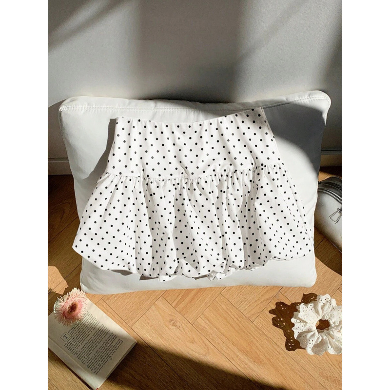 Fustă mini în A-line, cu imprimeu cu buline, țesătură din bumbac natural CVC, croială lejeră, stil retro