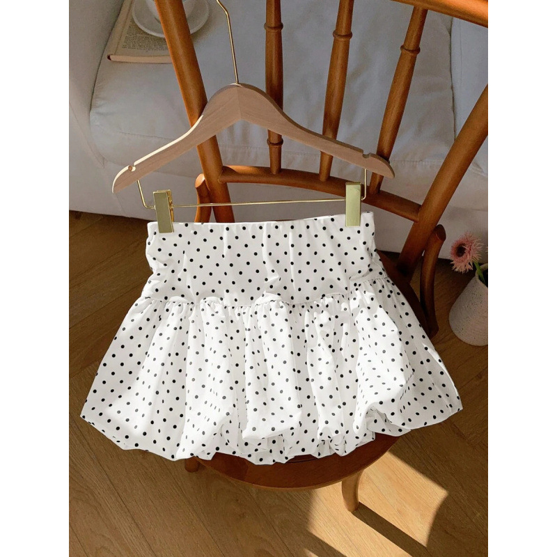 Fustă mini în A-line, cu imprimeu cu buline, țesătură din bumbac natural CVC, croială lejeră, stil retro