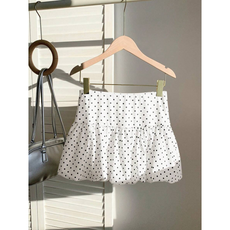 Fustă mini în A-line, cu imprimeu cu buline, țesătură din bumbac natural CVC, croială lejeră, stil retro