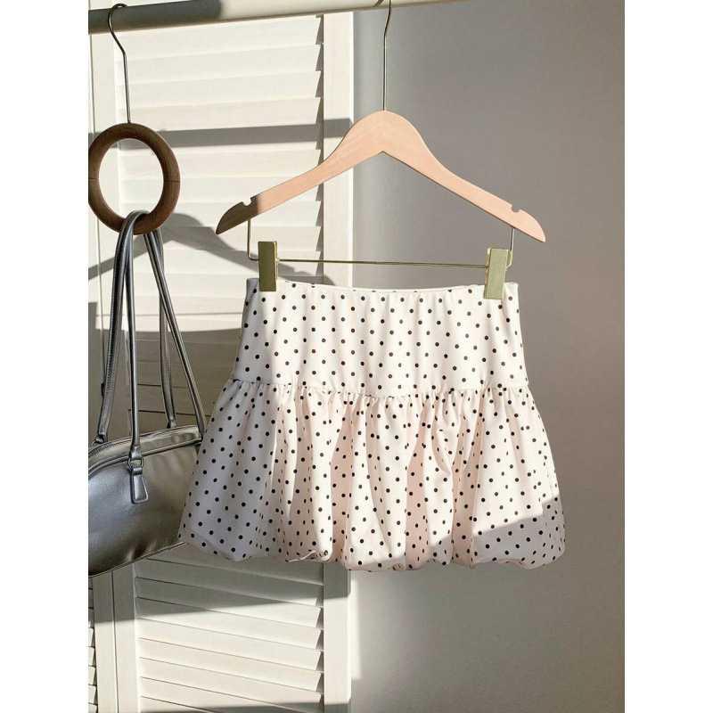 Fustă mini în A-line, cu imprimeu cu buline, țesătură din bumbac natural CVC, croială lejeră, stil retro