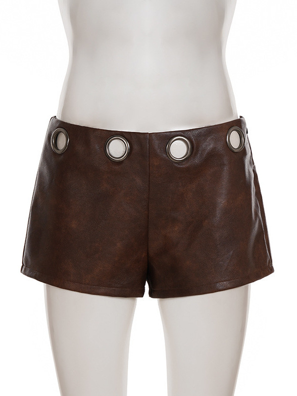 Слим къси панталони с кух метален пръстен и талия с кожеста текстура, полиестер + PU