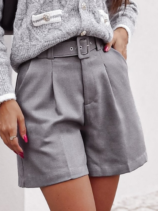 Șorturi de damă cu talie înaltă și curea, croială lejeră, lungime 3/4, amestec poliester-spandex
