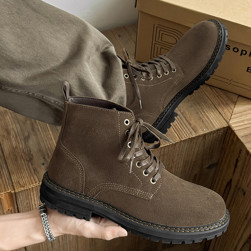 Vīriešu mokasīnu zābaki, Cow Split Suede Leather, vidējais garums potītei, gumijas zole, elpojoši