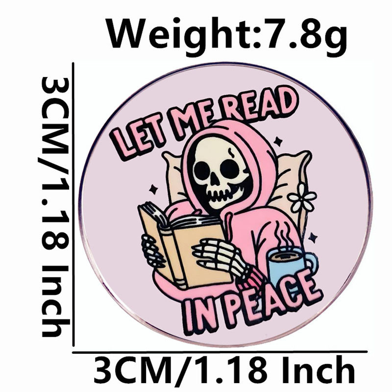 Карикатурна брошка с череп-читател, сплав, електропокритие, унисекс