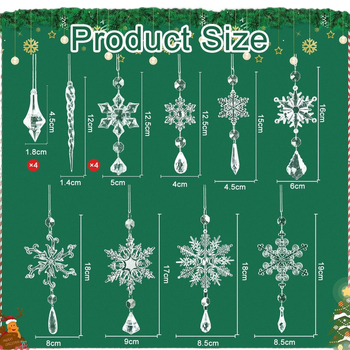 16 vnt. akrilinių Kalėdų dekoracijų: snaigių formos krištoliniai pakabinami papuošalai, modernus minimalistinis stilius (ML0801, akrilas, Kalėdos)