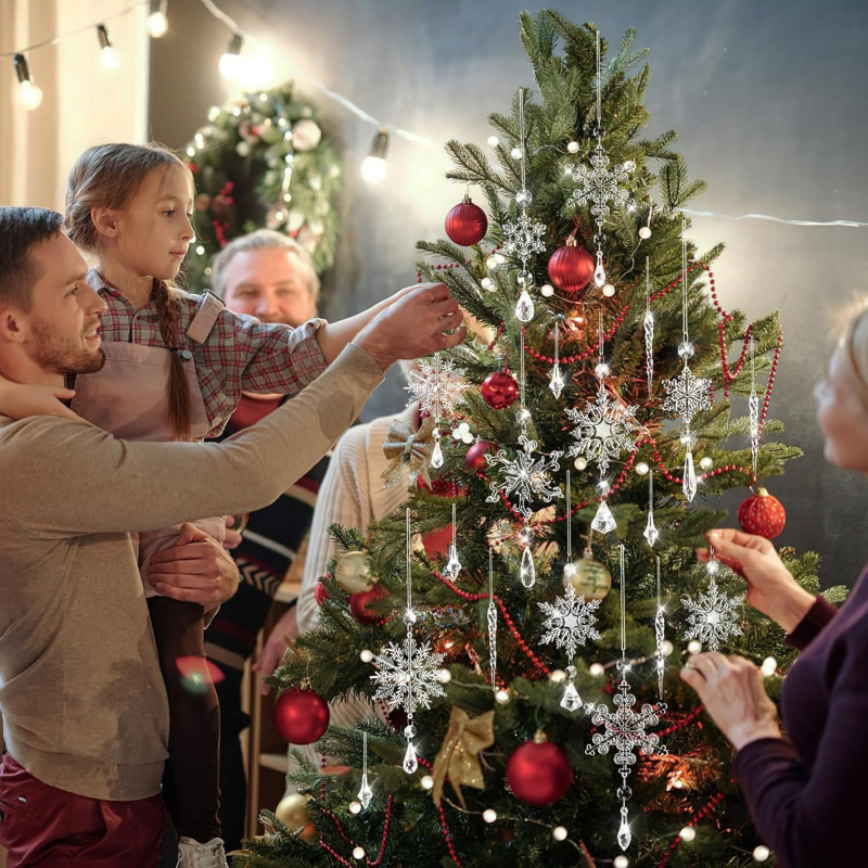 16 vnt. akrilinių Kalėdų dekoracijų: snaigių formos krištoliniai pakabinami papuošalai, modernus minimalistinis stilius (ML0801, akrilas, Kalėdos)