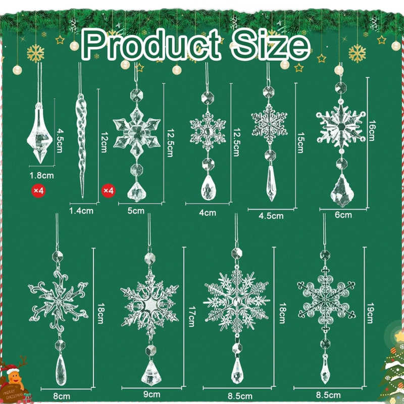 16 vnt. akrilinių Kalėdų dekoracijų: snaigių formos krištoliniai pakabinami papuošalai, modernus minimalistinis stilius (ML0801, akrilas, Kalėdos)