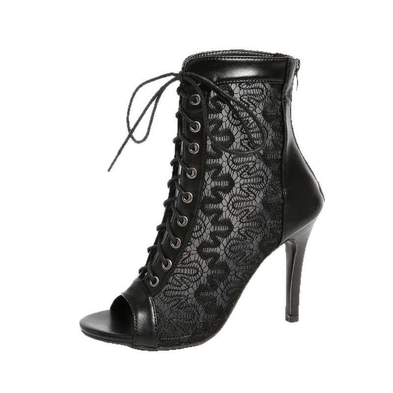 Sieviešu sandales ar tīklu augšdaļu, priekšējais aizsiets, pirksta forma – zivju atvere, plāns ļoti augsts papēdis