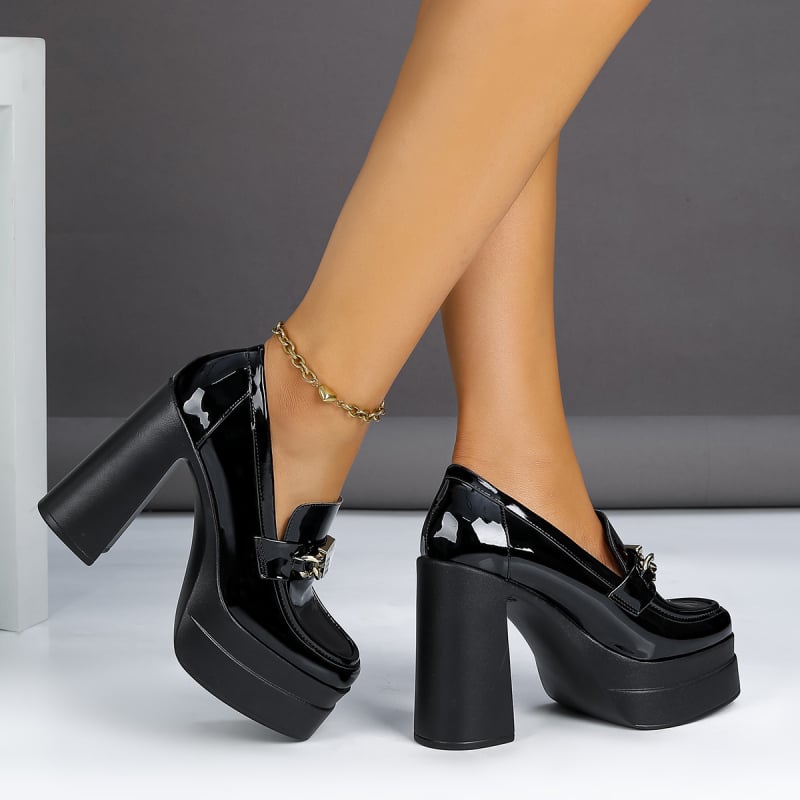 Pantofi dama cu toc înalt, vârf pătrat, piele PU, platformă, toc gros peste 8 cm, pentru purtare zilnică