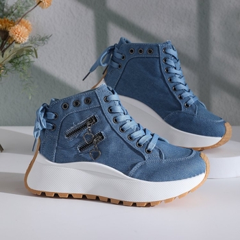 Γυναικείες casual ψηλές αθλητικές με λειτουργία αύξησης ύψους, στρογγυλή μύτη, καμβά επάνω, καουτσούκ σόλα.