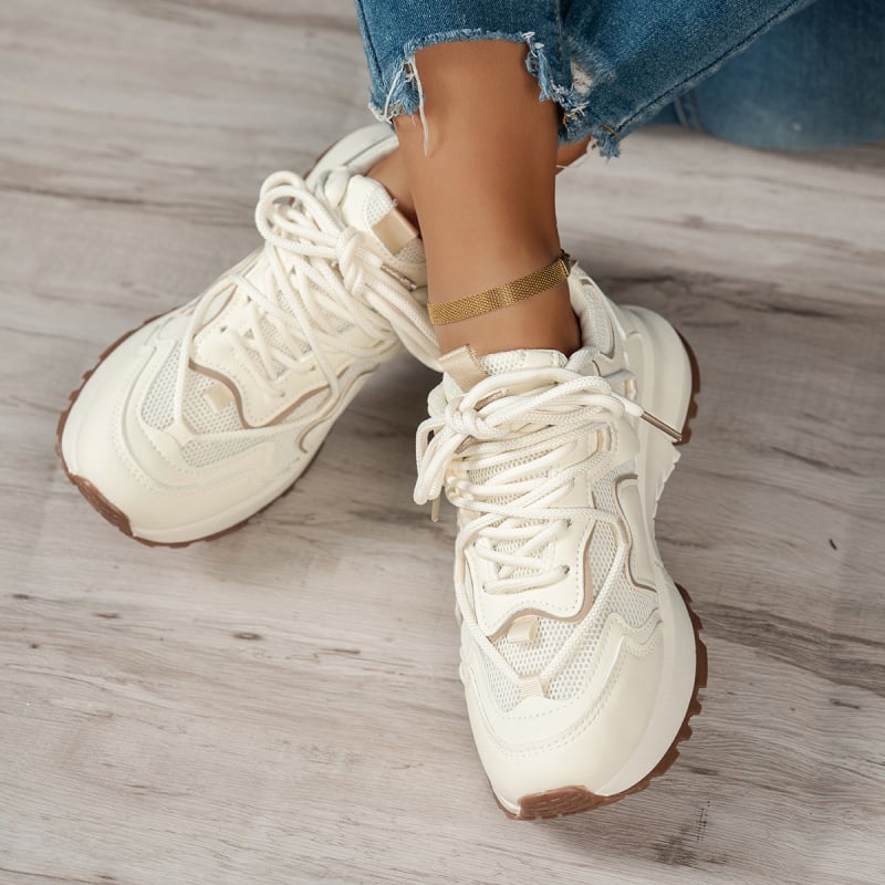 Pantofi sport femei pentru alergare cu partea superioară din PU+ plasă, talpă din cauciuc, închidere cu șiret, vârf rotund, înălțime medie a tocului 3–5 cm