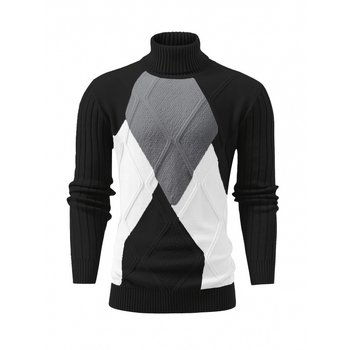 Мъжко плетено горнище с батвингови ръкави, Chenille плат, геометричен принт, яка в стил риза.