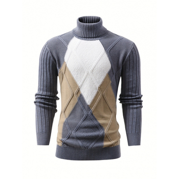 Мъжко плетено горнище с батвингови ръкави, Chenille плат, геометричен принт, яка в стил риза.