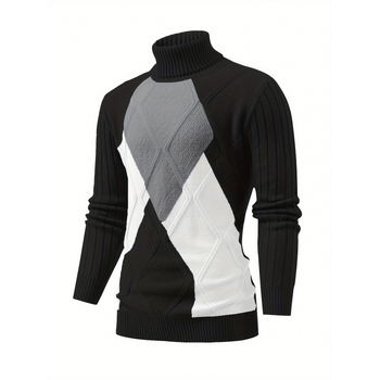 Мъжко плетено горнище с батвингови ръкави, Chenille плат, геометричен принт, яка в стил риза.