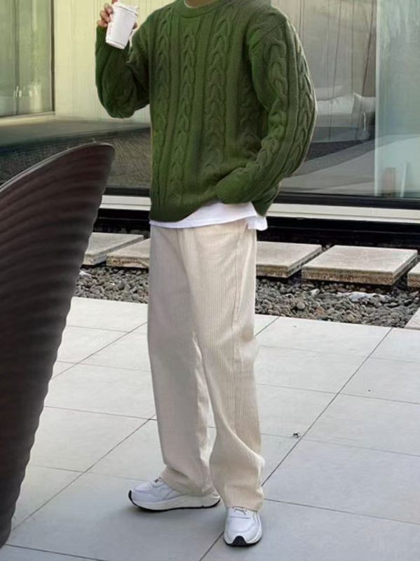 Pulover tricotat în stil coreean, croială lejeră, guler rotund, mâneci lungi, țesătură respirabilă din 100% poliester