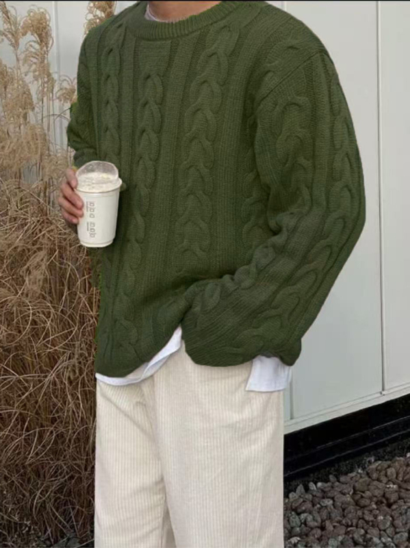 Pulover tricotat în stil coreean, croială lejeră, guler rotund, mâneci lungi, țesătură respirabilă din 100% poliester