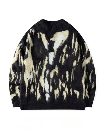 Мъжки oversize кардиган с V-образно деколте, дълги ръкави, цветни блокове, полиестерна смесена плетка