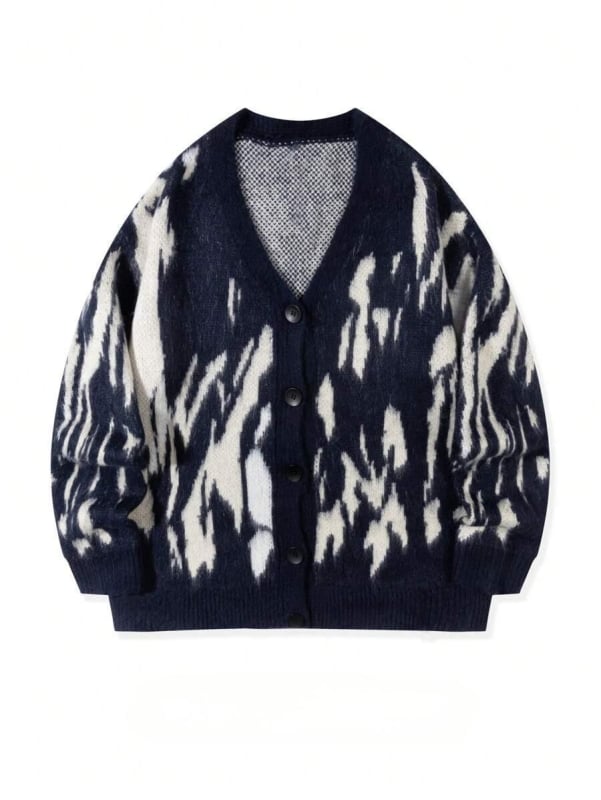 Cardigan bărbătești oversize cu decolteu în V, mâneci lungi, blocuri de culoare, tricot exterior din amestec de poliester