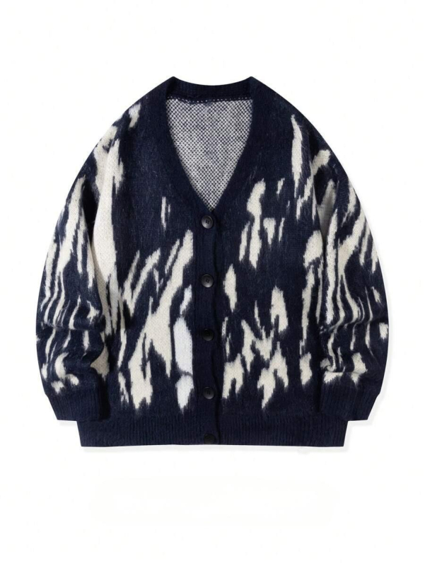 Cardigan bărbătești oversize cu decolteu în V, mâneci lungi, blocuri de culoare, tricot exterior din amestec de poliester