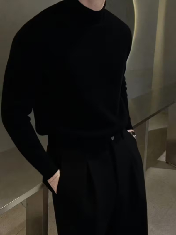 Мъжки пуловер от 100% вълна, слим фит, с полувисока яка и дълги ръкави.