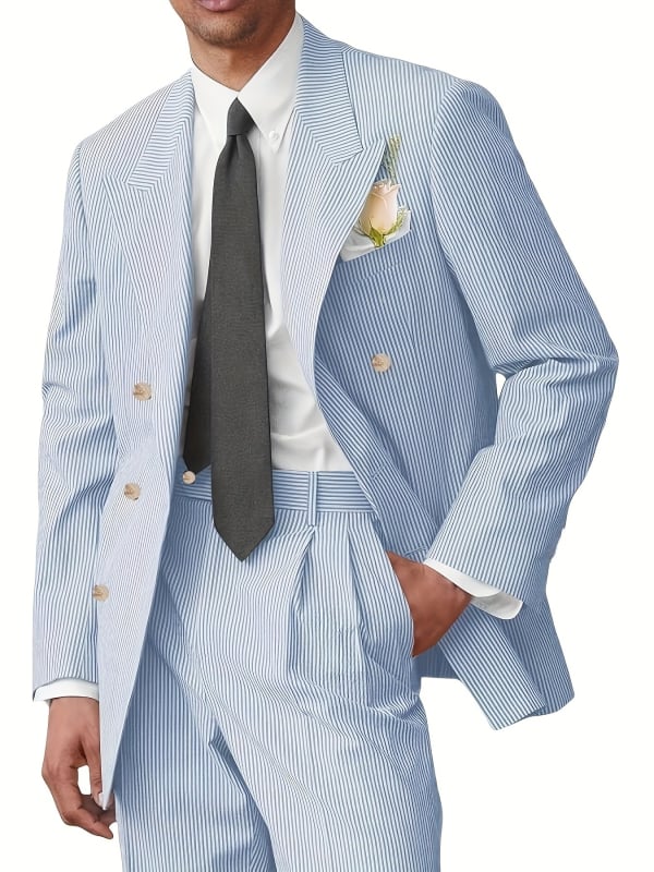 Costum bărbătesc din două piese, stil britanic slim, dublu nasturi, rever Peak Lapel, poliester 70%