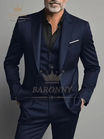 Костюм за мъже на три части, Slim Fit, еднобортов, за есента, полиестер