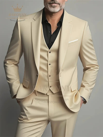 Костюм за мъже на три части, Slim Fit, еднобортов, за есента, полиестер